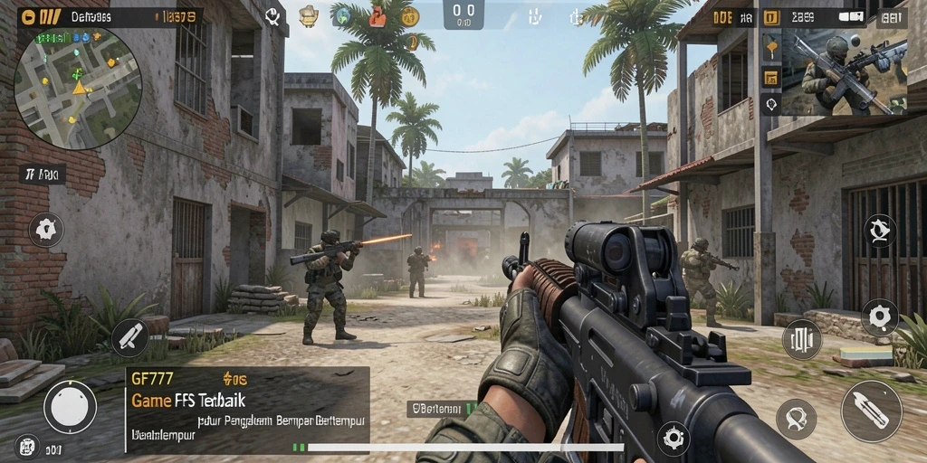 Screenshot utama GF777 menampilkan aksi intens dalam gameplay FPS.