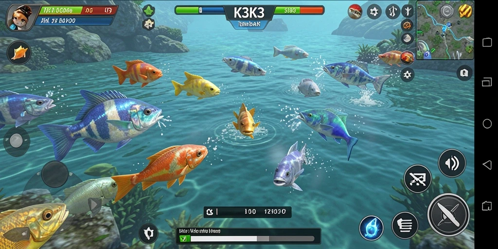 Screenshot gameplay dari K3K3 yang menunjukkan aksi menembak ikan.